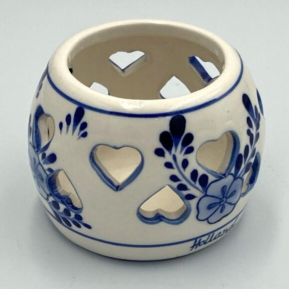 Delft Votive Candle Holder Blue & White Porcelain Hand Painted Windmill Hearts - Picture 2 of 5